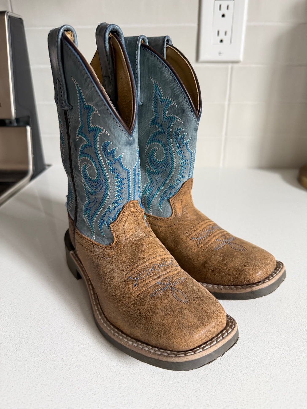 Cowboy Boots with Teal Embroidered Shaft and Brown Suede Foot